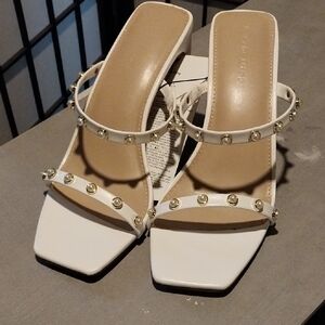 White Studded Square-Toe Slide Heels